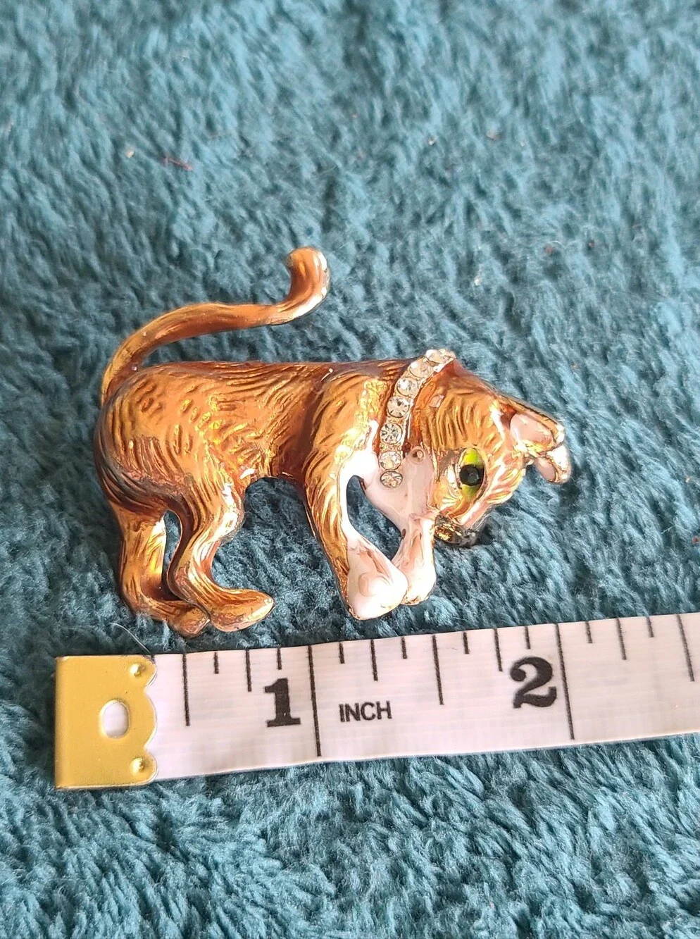 Vintage Gold-Tone Cat Brooch with Green Eye and White Accents - Vintage
